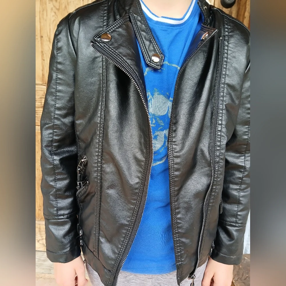 Black Faux Leather Bomber Jacket Punk Moto Unisex Blokecore 11-12 Zarv Kids